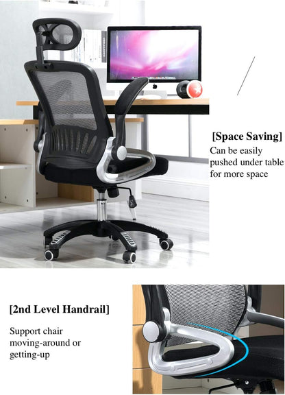 YALLA OFFICE Ergonomic Office Chair Ergonomic Mesh with Wheels, Lumbar Back Support, Adjustable Headrest with Flip-up Armrest (Grey(Nylon Base)), 901-GRY-NFR