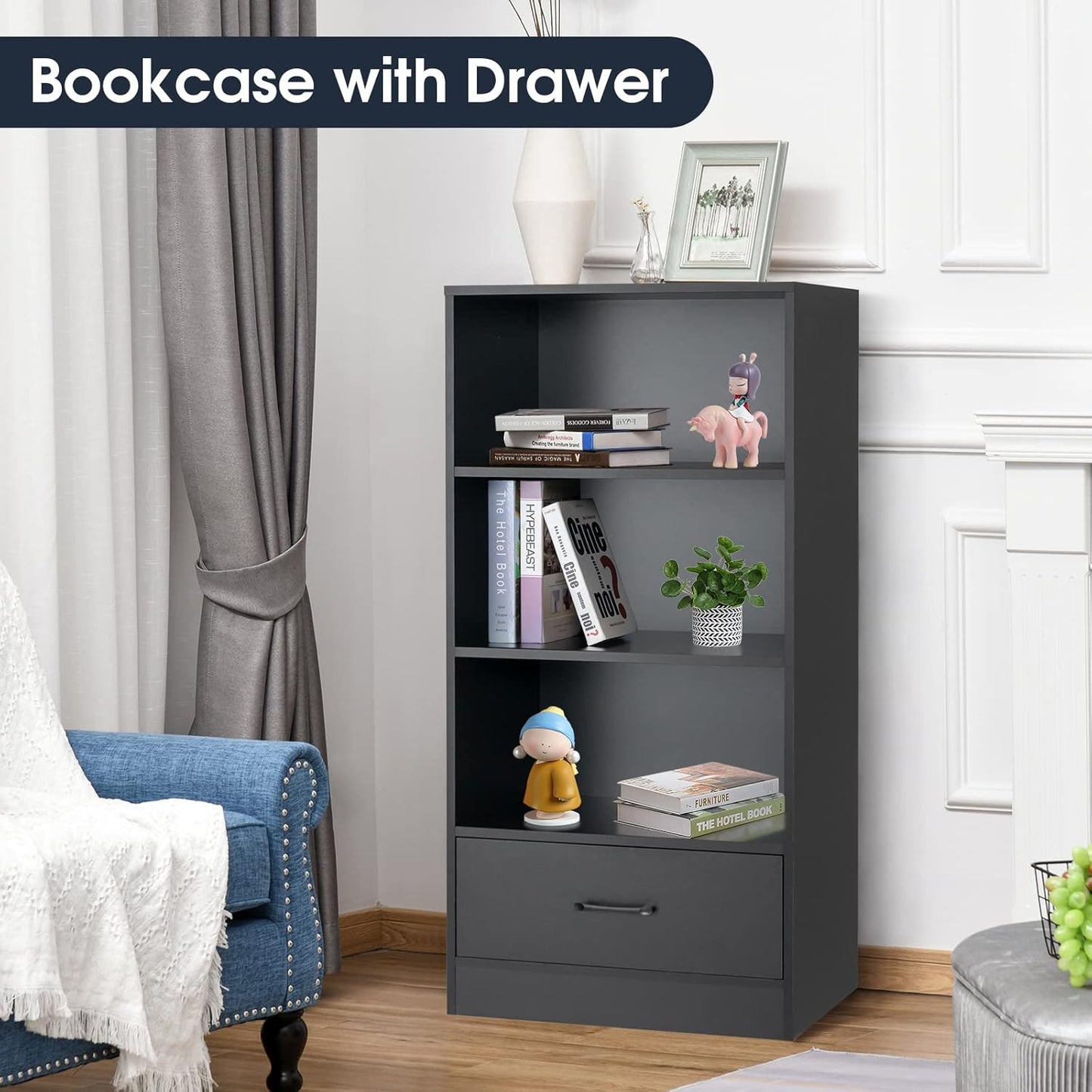 COSTWAY Wooden Bookcase, Freestanding Storage Bookshelf Cabinet with 3-Tier Open Shelves & Drawer, Display Rack Shelving Unit Cupboard for Living Room, Bedroom, Hallway and Office (Black)