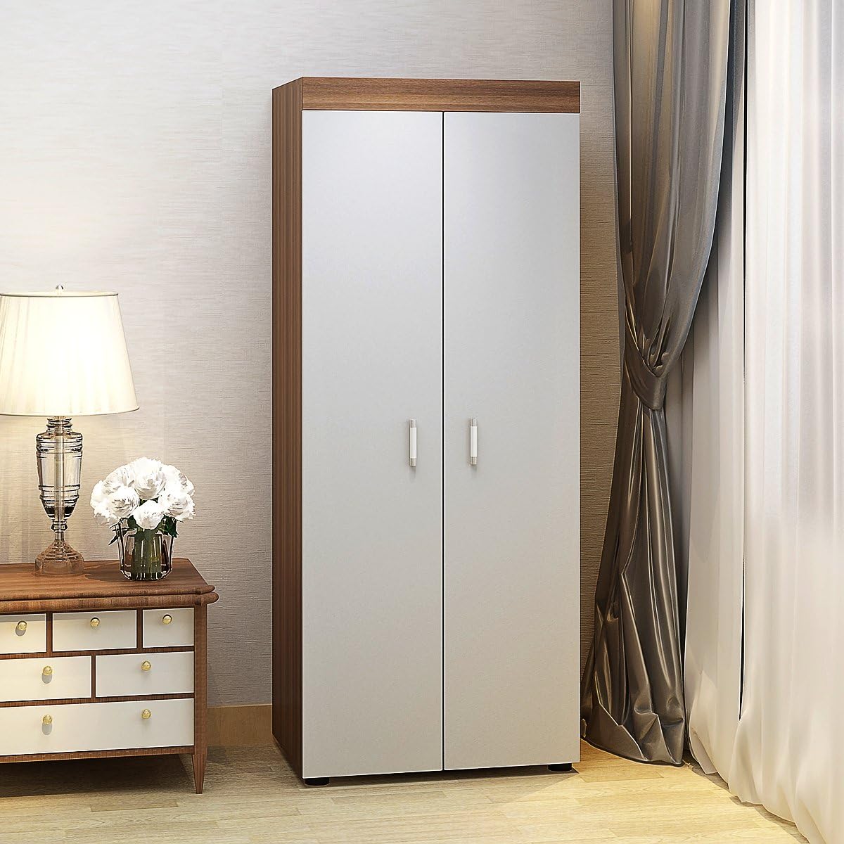 Panana Wooden 2 Doors Tall Wardrobe with Hanging Rail & Storage Shelf Modern Clothes Cupboards for Bedroom Furniture W 70 x D 48.3 x H 170cm (White)