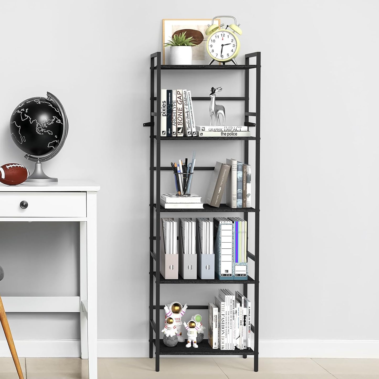 52.76in(H) Tall Bookshelf 5 Tier Bookcase Shelf Storage Organizer Industrial Freestanding Book Shelves Units Large Storage Tired Shelf for Small Space, Living Room, Kitchen, Bedroom, Modern Black