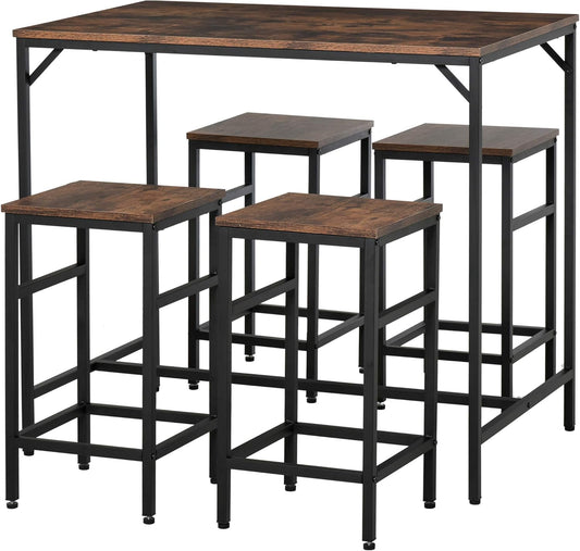 HOMCOM Industrial Rectangular Bar Table Set with 4 Stools for Dining Room, Kitchen, Dinette