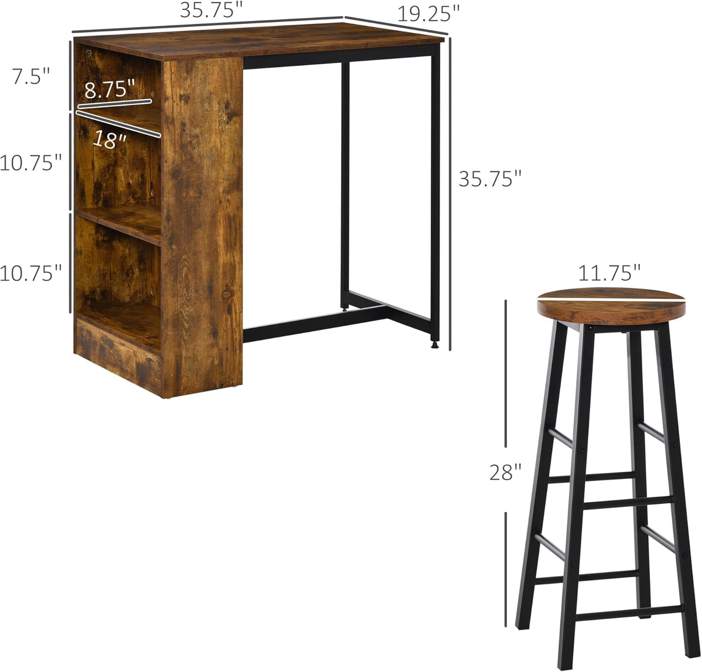 HOMCOM 3 Piece Industrial Style Bar Table Set, Pub Dining Table Set Bar Height Table and 2 Stools with Storage Shelf for Kitchen, Living Room, Coffe Shop, Rustic Brown