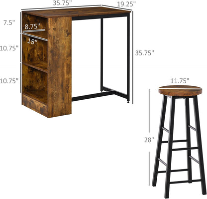 HOMCOM 3 Piece Industrial Style Bar Table Set, Pub Dining Table Set Bar Height Table and 2 Stools with Storage Shelf for Kitchen, Living Room, Coffe Shop, Rustic Brown