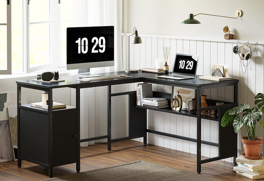 FurniFlex L-Shaped Computer Desk with File Cabinets, 59.1-Inch Size, Black