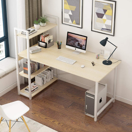 Eesyy computer desk with storage shelves, modern pc laptop wood study table with bookshelf & cpu rack, gaming table with keyboard tray, for home office 120 - Beige