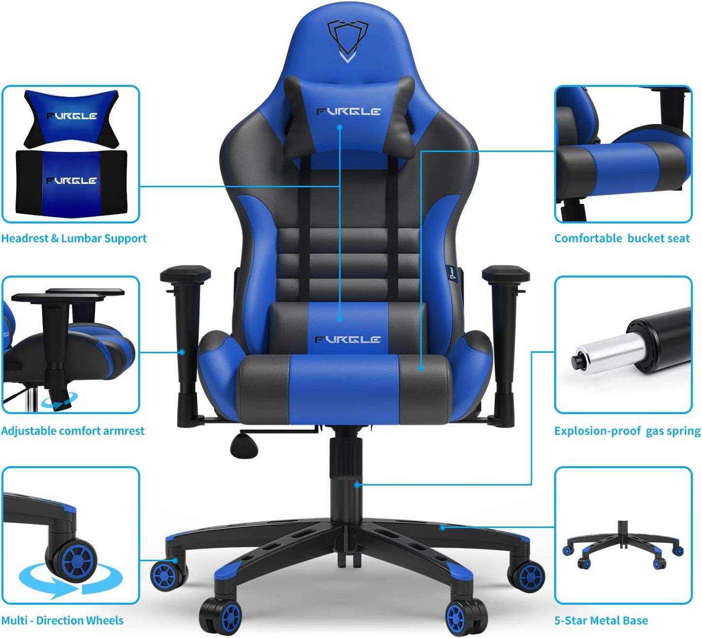 Furgle Gaming Chair, Gocker Ergonomic 3D Swivel Chair - One-Piece Steel Frame, PU Leather, Gas Lift - Black, Blue, Multicolor