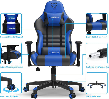 Furgle Gaming Chair, Gocker Ergonomic 3D Swivel Chair - One-Piece Steel Frame, PU Leather, Gas Lift - Black, Blue, Multicolor