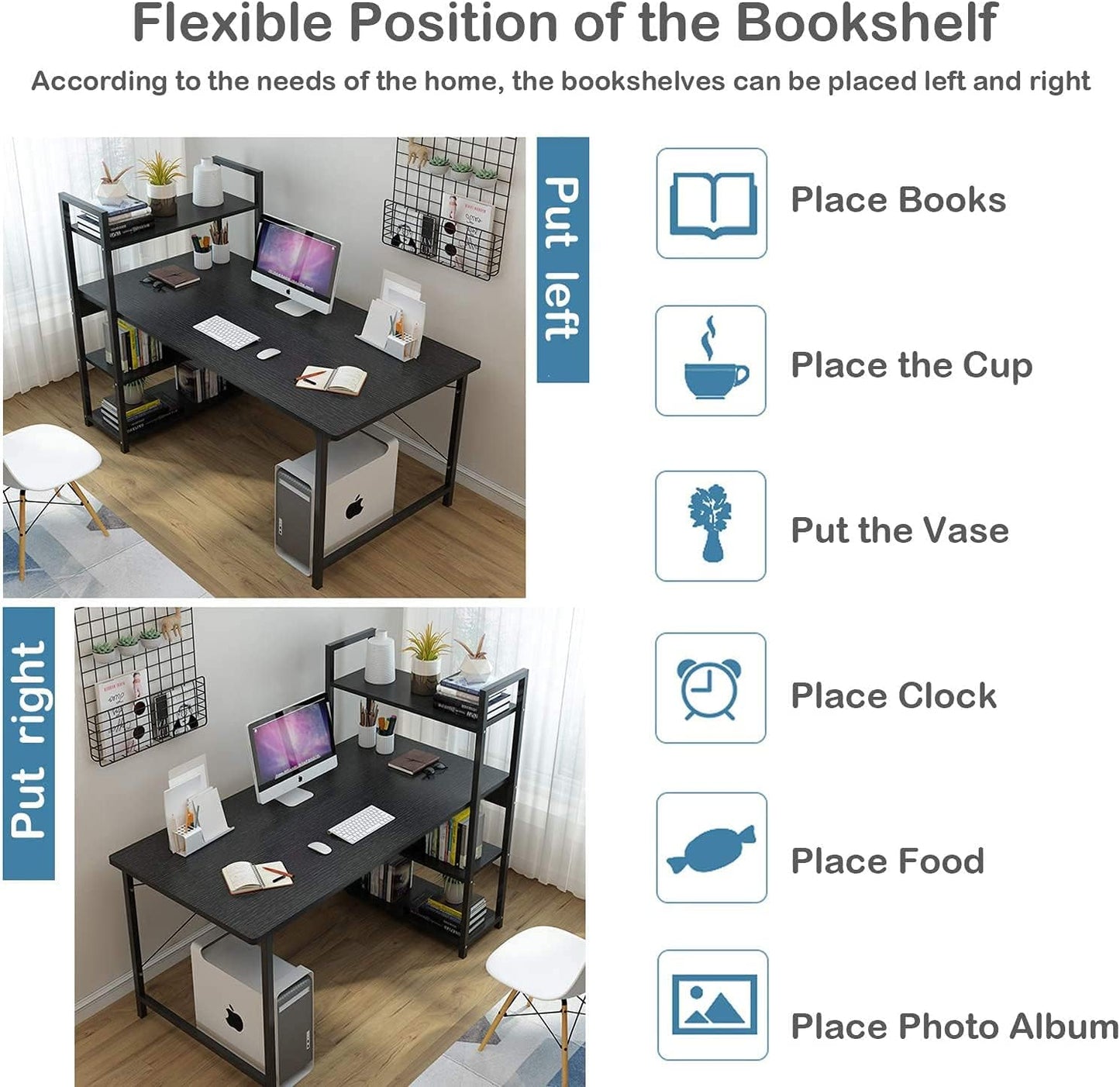 YJGET Computer Desk 100 * 55cm with Storage Shelves Study Writing Table for Home Office, Modern Simple Style