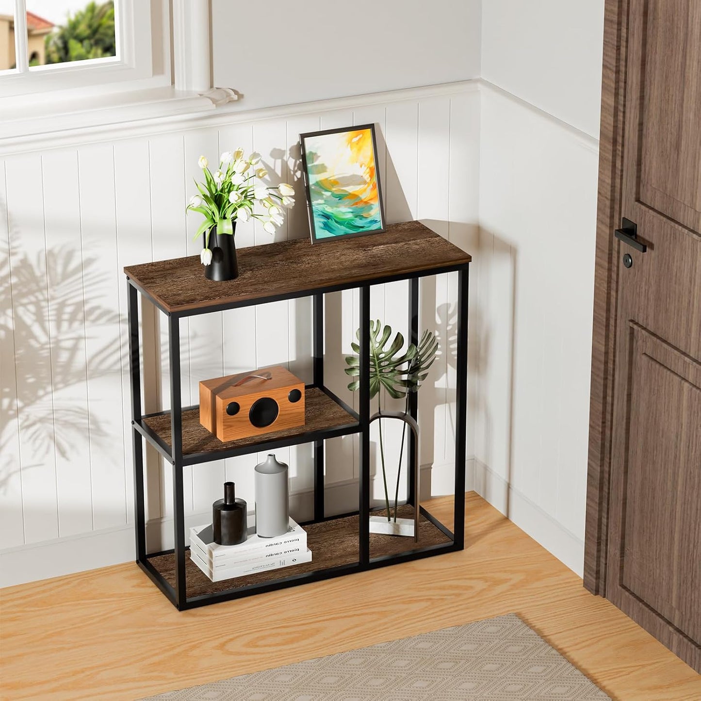 WOHOMO Console Table Small Entryway Table with Storage Shelves 30cm Narrow Sofa Table Modern Hallway Table for Living Room 80 x 30 x 80cm,Walnut