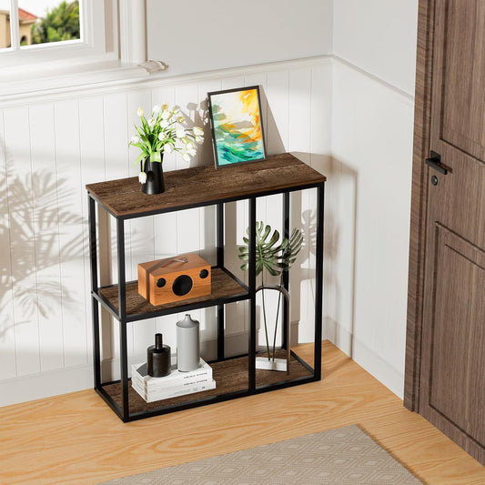 WOHOMO Console Table Small Entryway Table with Storage Shelves 30cm Narrow Sofa Table Modern Hallway Table for Living Room 80 x 30 x 80cm,Walnut