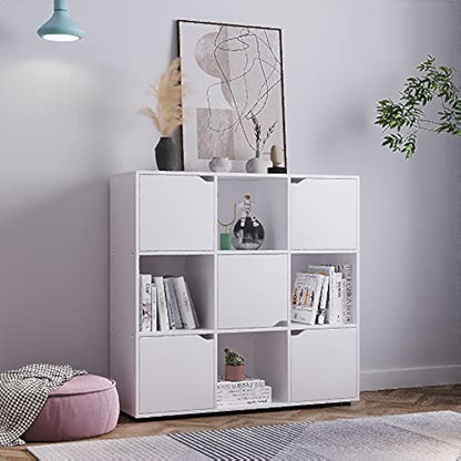 Panana 9 Cube Wooden Storage Unit Modern Stylish Bookcase Shelving 9 Cubes with 5 Doors Bookshelves Cubes Shelf/Shelves Books CDs & DVDs Office Home Storage (White)