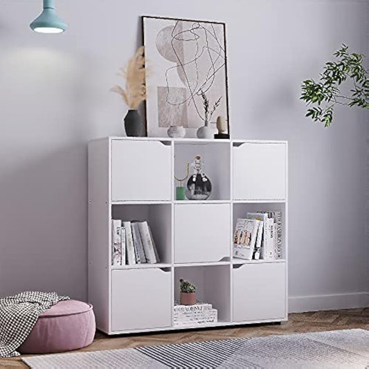 Panana 9 Cube Wooden Storage Unit Modern Stylish Bookcase Shelving 9 Cubes with 5 Doors Bookshelves Cubes Shelf/Shelves Books CDs & DVDs Office Home Storage (White)