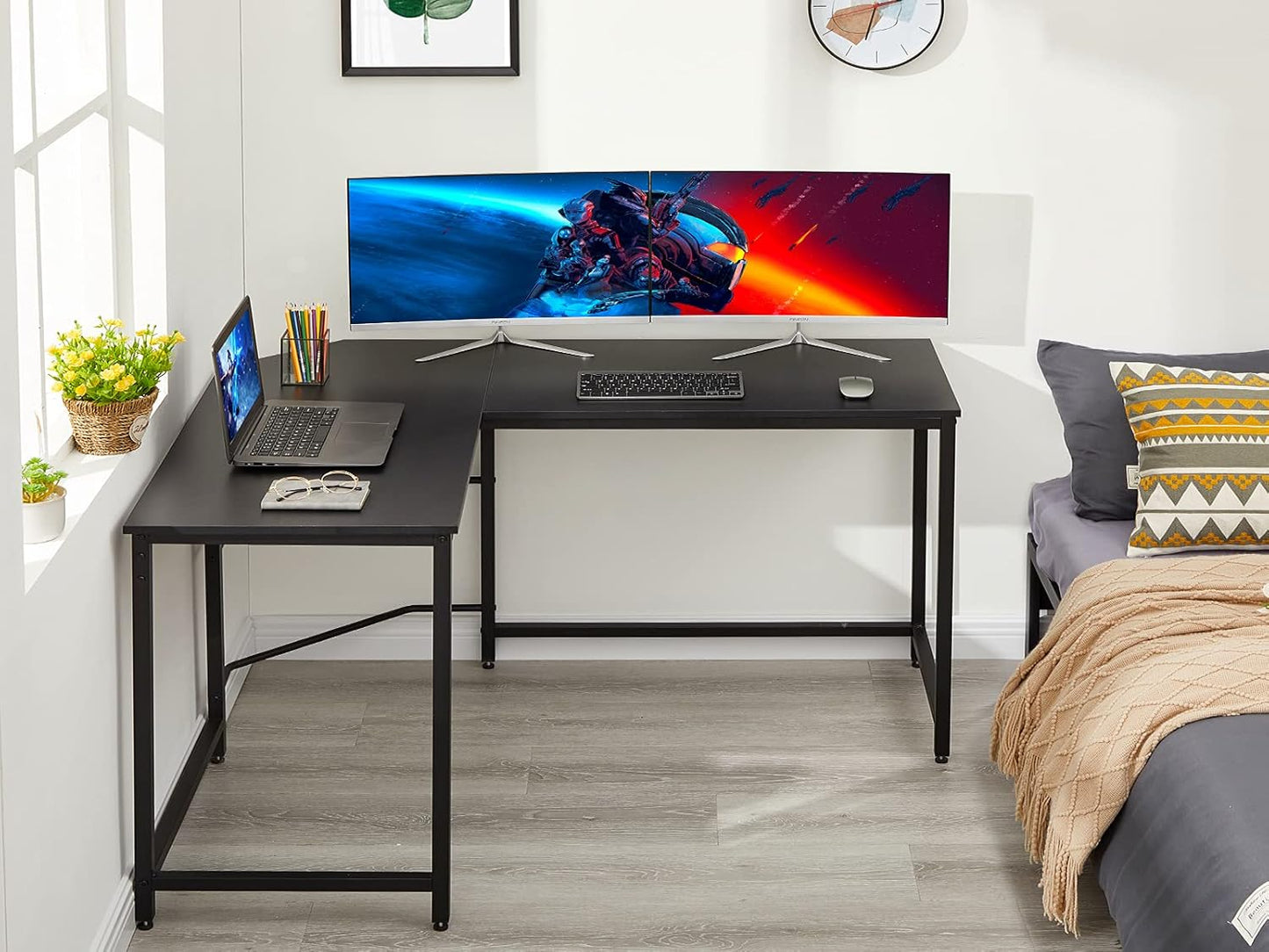 Aingoo Corner Desk L Shaped Desk Sturdy Home Office PC Laptop Workstation Gaming Computer Desk Study Writing Table 128 * 108 * 75CM Easy to Assemble Simple Design, Black