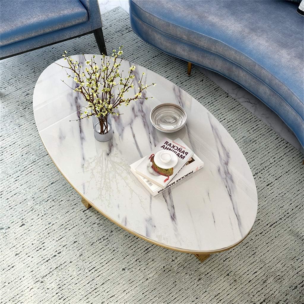 NATUO-Furniture Mid Century Couch Table Modern Simple Oval Marble Coffee Table Side Living Room End Table Cocktail Table Gold Metal iron Base,70cm/80cmx60cmx45cm(White)