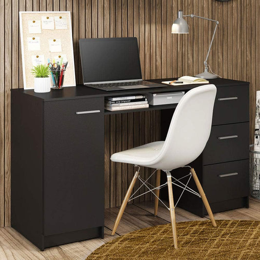 Madesa Home Office Computer Writing Desk with 3 Drawers, 1 Door and 1 Storage Shelf, Plenty of Space, Wood, 18" D x 53" W x 30" H – Black