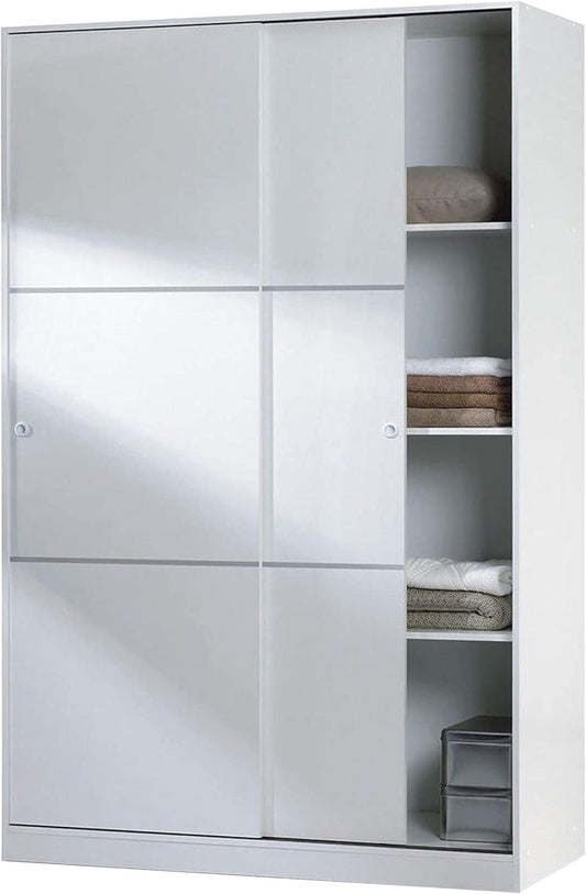 Wardrobe with 2 Sliding Doors and Shelves for Bedroom or Guest Room, White Gloss Finish, Size: 120cm (W) x 200cm (H) x 50cm (D)