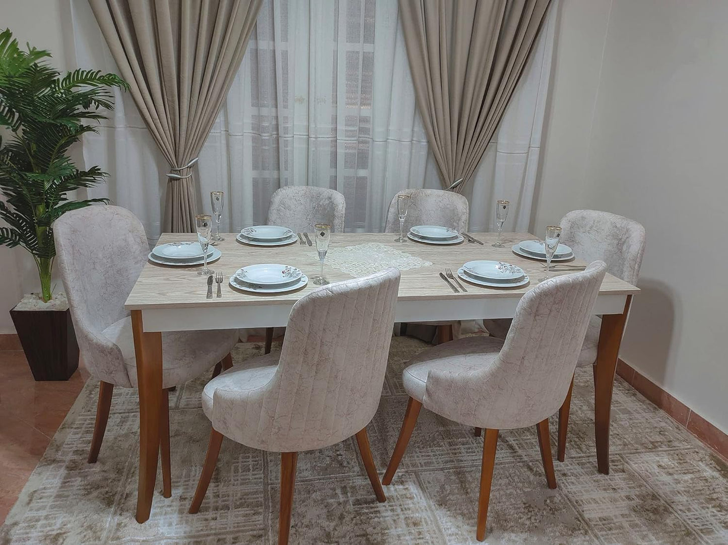 Dining Table with 6 Beech Chairs, 180cm*90cm Table with 6 Professional Workmanship Chairs with 25 Years Experience,Modern Dining Room Table (Slice Stitching Upholstery)