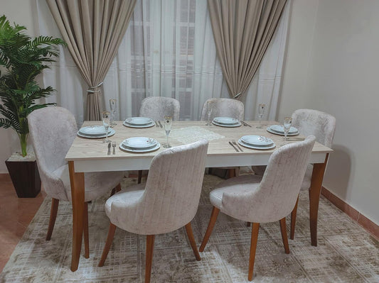 Dining Table with 6 Beech Chairs, 180cm*90cm Table with 6 Professional Workmanship Chairs with 25 Years Experience,Modern Dining Room Table (Slice Stitching Upholstery)