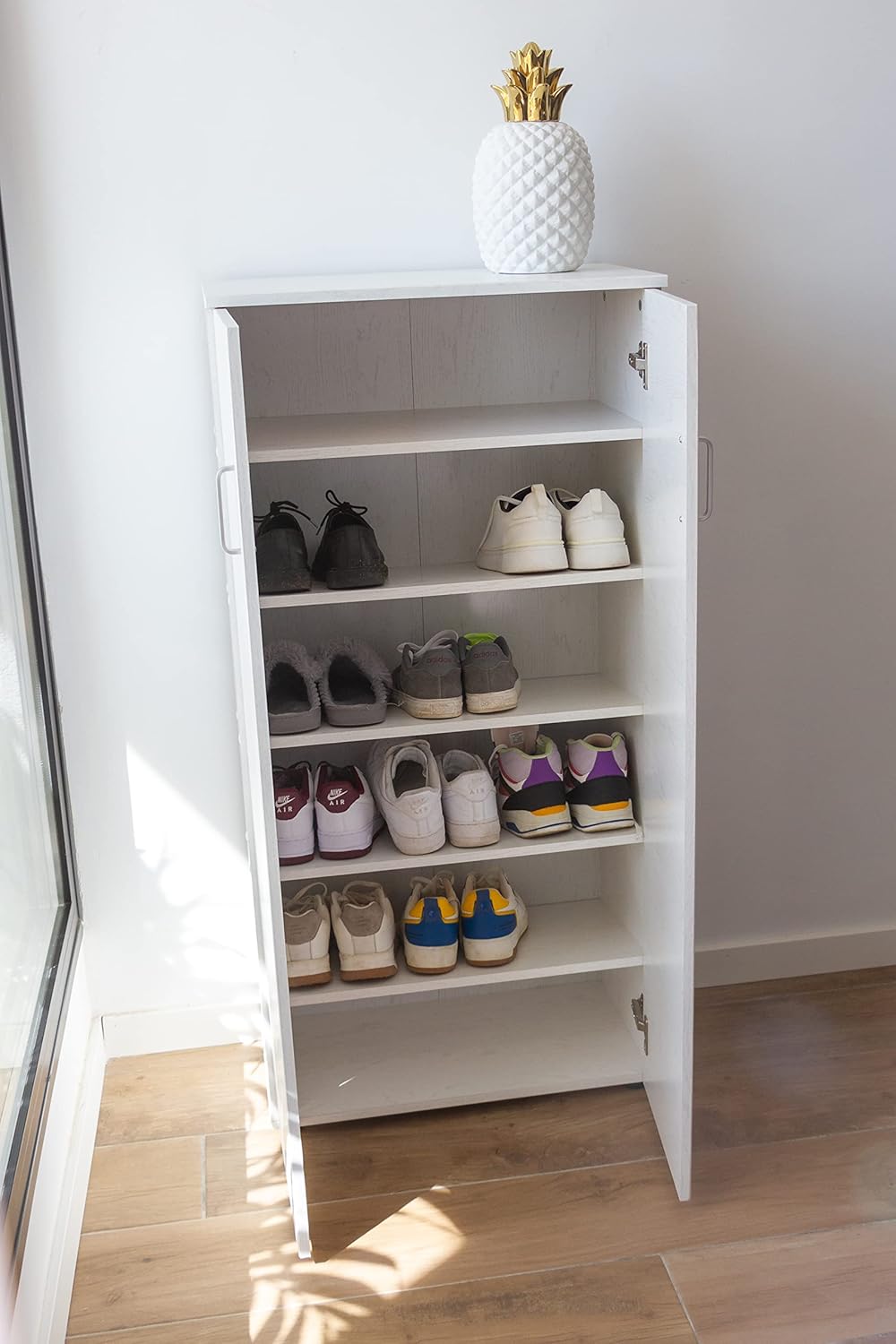 DUPI Shoe Cabinet Bookcase with Two Doors | Minimalist Design | 5 Shelves for 24 Shoes | MDF Wood | White Shoe Rack for Narrow Entrance, White, 60 x 32.5 x 124 cm