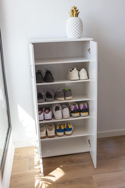DUPI Shoe Cabinet Bookcase with Two Doors | Minimalist Design | 5 Shelves for 24 Shoes | MDF Wood | White Shoe Rack for Narrow Entrance, White, 60 x 32.5 x 124 cm