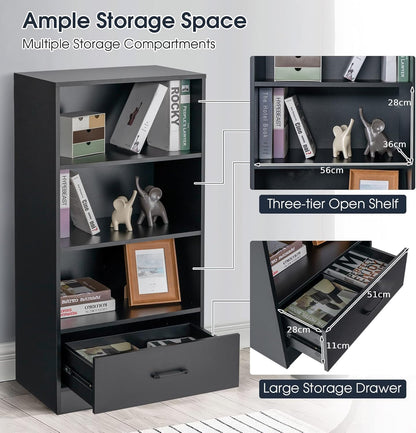 COSTWAY Wooden Bookcase, Freestanding Storage Bookshelf Cabinet with 3-Tier Open Shelves & Drawer, Display Rack Shelving Unit Cupboard for Living Room, Bedroom, Hallway and Office (Black)