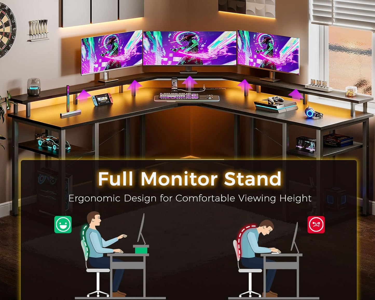 Coleshome L Shaped Gaming Desk with LED Lights & Power Outlets, Reversible 56" Computer Desk with Full Monitor Stand & Storage Shelves, Ergonomic Home Office Corner Desk, Black