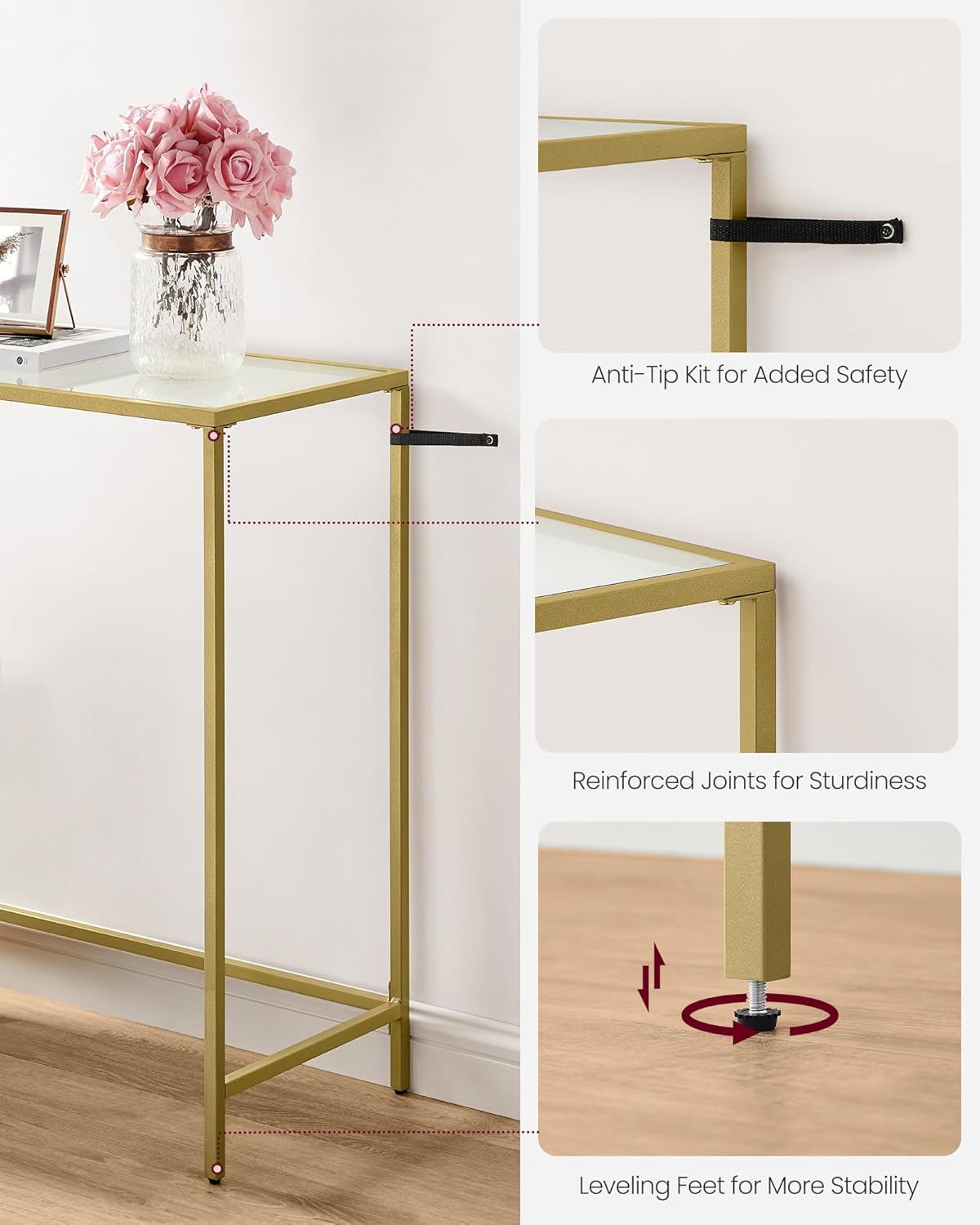 VASAGLE Console Table, Tempered Glass Table, Modern Sofa or Entryway Table, Metal Frame, Sturdy, Adjustable Feet, for Living Room, Hallway, Golden LGT26G
