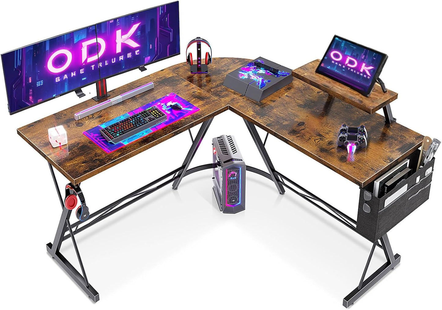 ODK L-Shaped Desk, Computer Desk, Office Desk with Round Corner, Gaming Table with Monitor Tray, 50 x 50 Inch, Vintage