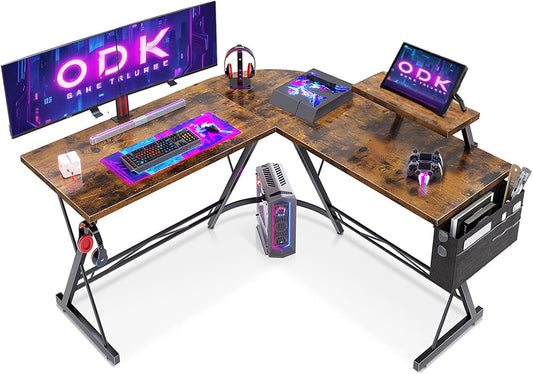 ODK L-Shaped Desk, Computer Desk, Office Desk with Round Corner, Gaming Table with Monitor Tray, 50 x 50 Inch, Vintage