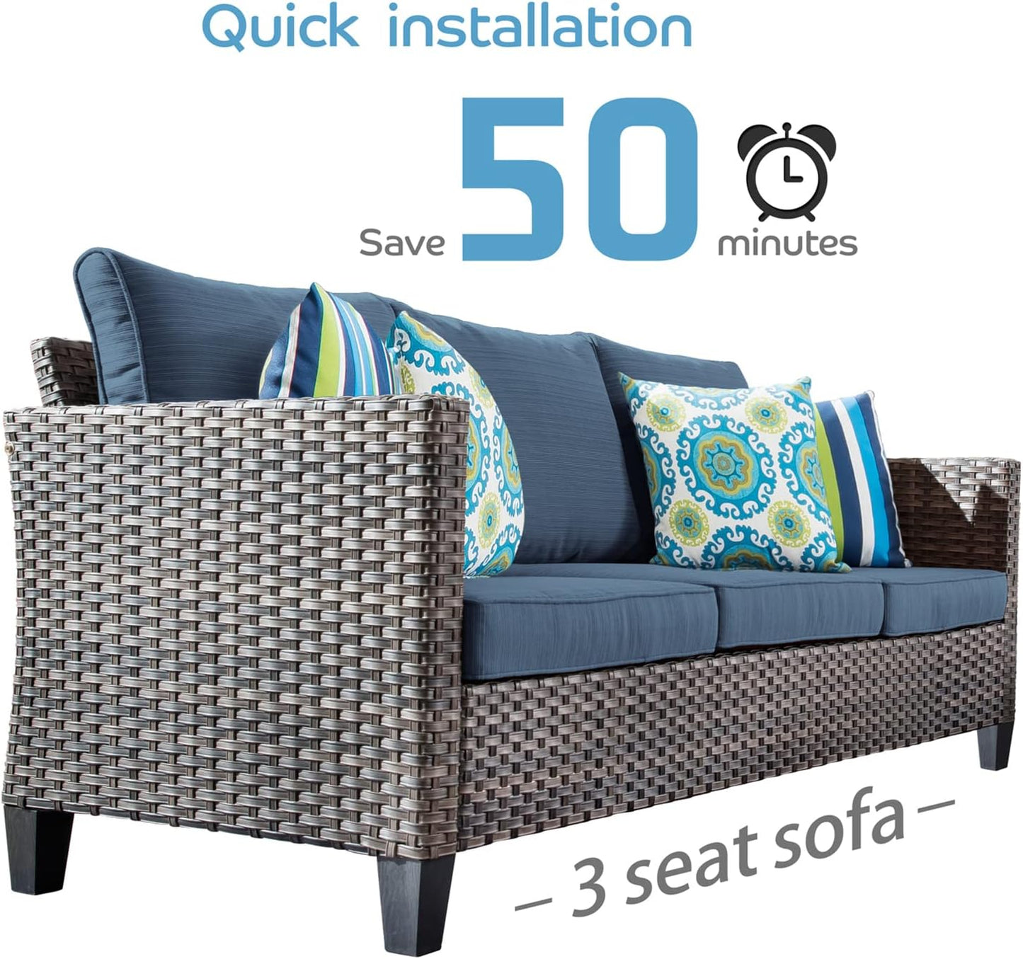 OVIOS Modern 8 PCS High Back Outdoor Furniture Set, Wicker & Steel, Grey-Denim Blue