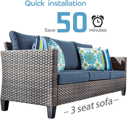 OVIOS Modern 8 PCS High Back Outdoor Furniture Set, Wicker & Steel, Grey-Denim Blue