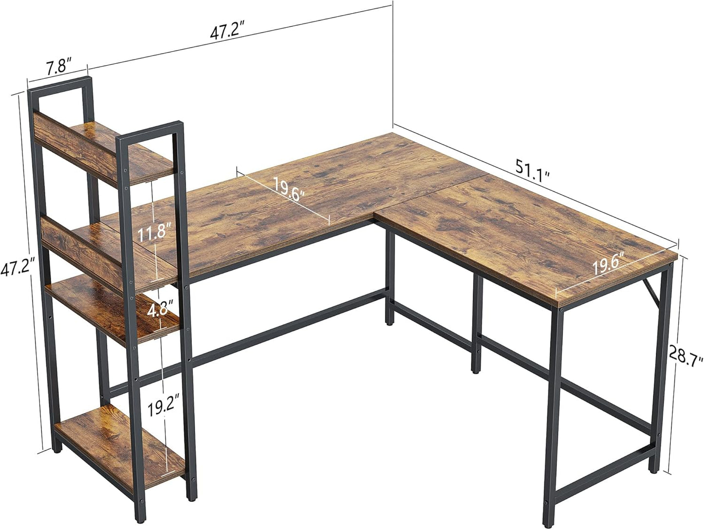 CubiCubi L Shaped Desk, 51.1 Inch Computer Corner Desk with Hutch, Storage Shelves, Writing Gaming Study Desk with Bookshelf, Rustic Brown