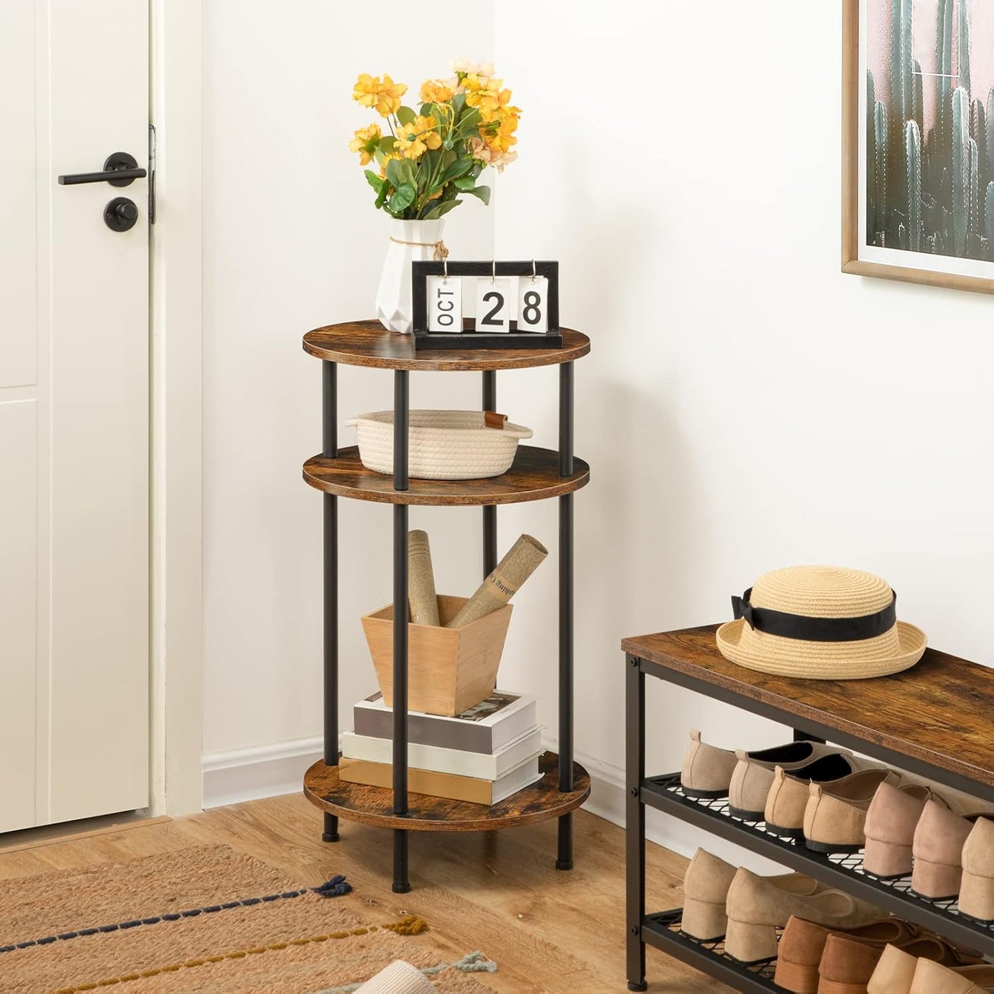 HOOBRO Tall Sofa Side Table, Small Round Coffee Table with Storage, Industrial Telephone Table for Small Space, Bedside Table, for Living Room, Bedroom, Summerhouse, Rustic Brown and Black EBF30DH01