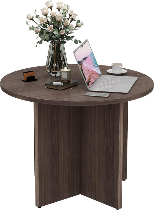 CuHome Round Conference Table, 35.4" Small Commercial Meeting Table for Business, Office Table with X-Shaped Wood Base (Walnut)