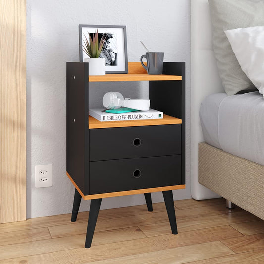 Lojas RPM Bedside Table Bedroom Dream 2 Drawers with Feet Retro Style - Black/Cinamomo