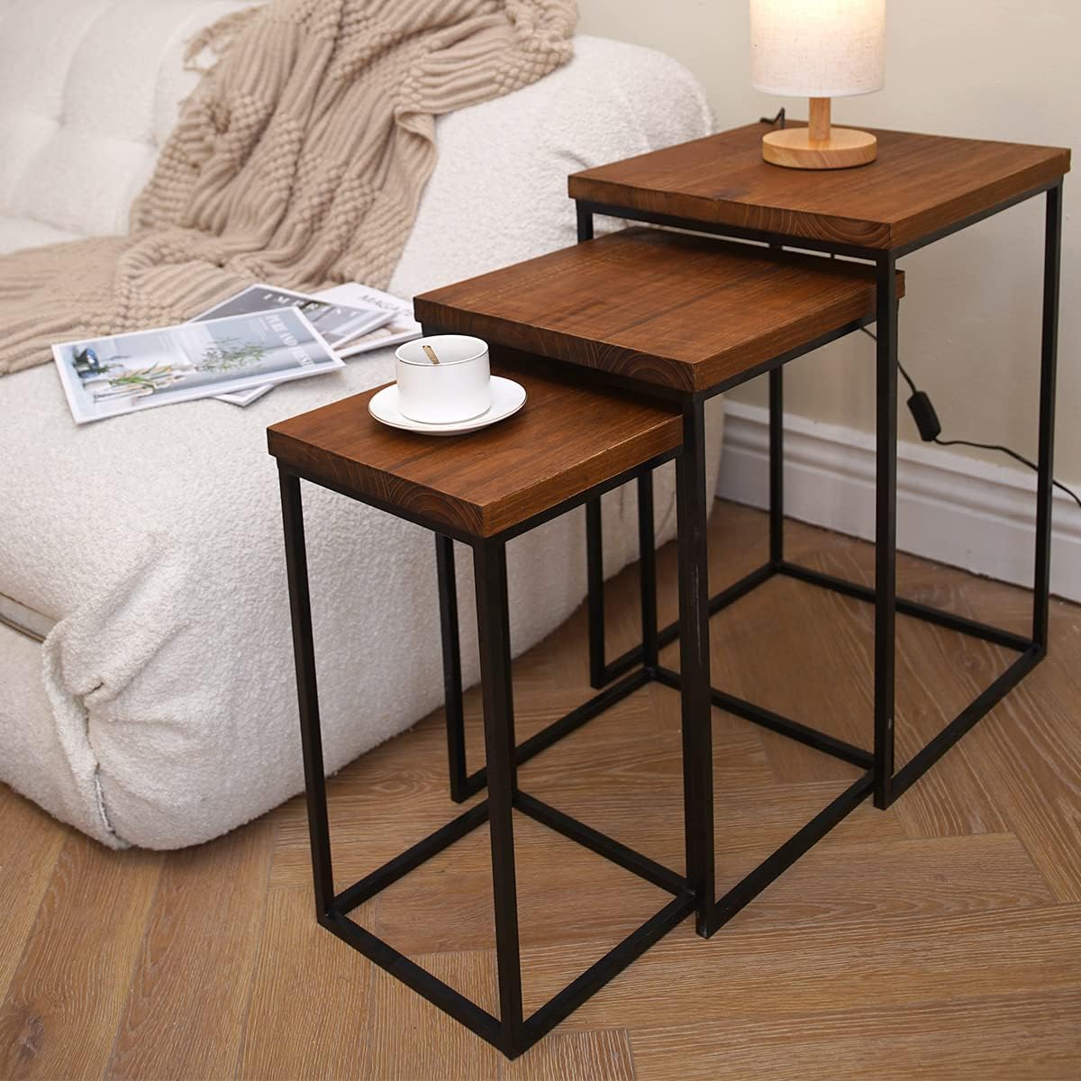 Uziass Wood Nesting Table Set of 3 Square Wooden Nesting Coffee Table, Modern Rustic Farmhouse Stacking Nesting End Table Side Tables with Sturdy Metal Frame for Living Room Bedroom Couch Home Decor