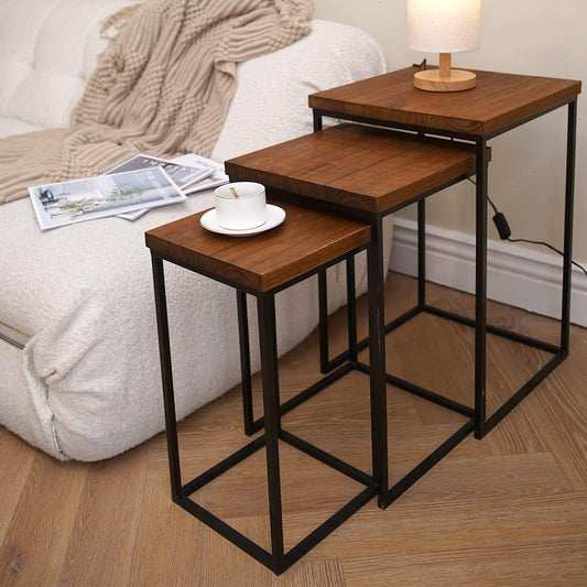 Uziass Wood Nesting Table Set of 3 Square Wooden Nesting Coffee Table, Modern Rustic Farmhouse Stacking Nesting End Table Side Tables with Sturdy Metal Frame for Living Room Bedroom Couch Home Decor