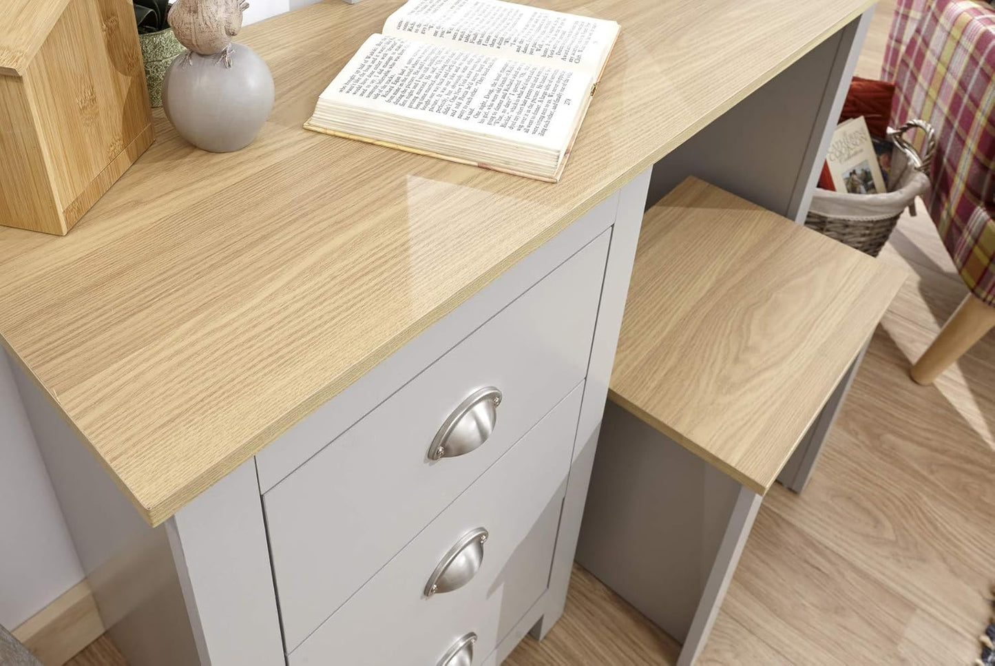 Home Source Grey Dressing Set with Mirror and Stool Jewellery Table, 3 Drawer