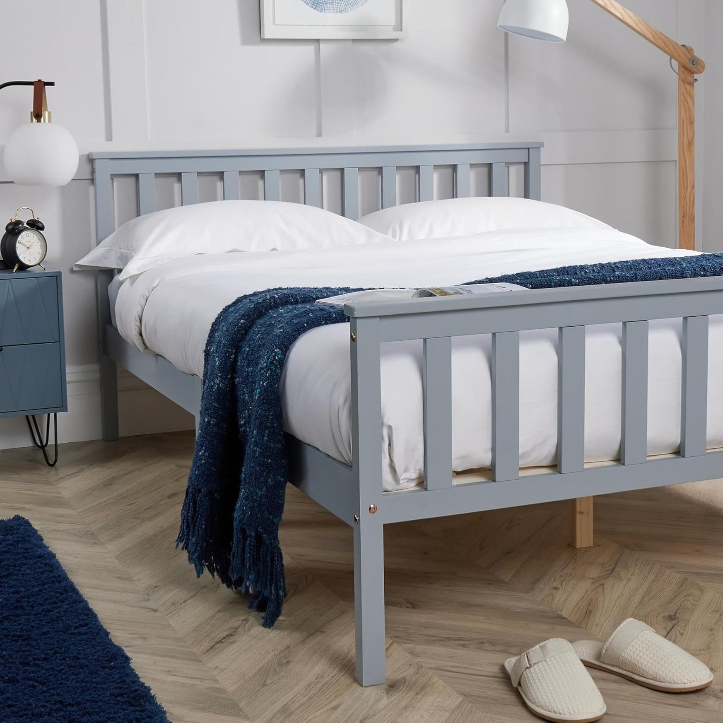 Home Source Grey Wooden Bed 4ft 6 Solid Pine High End Slatted Base, Double