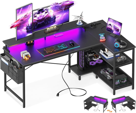 ODK 58 Inch Gaming Desk with USB Charging Ports and LED Lights, Reversible L Shaped Computer Desk with Storage Shelves & Monitor Stand, Corner Gamer Desk Table with Power Outlets, Black