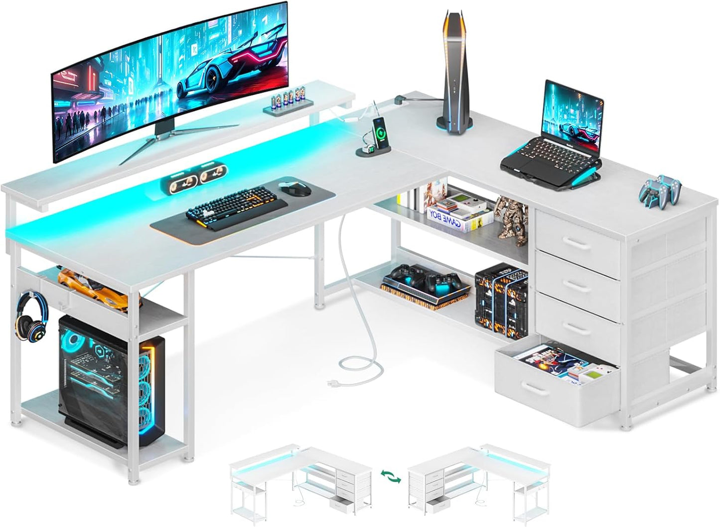 AODK 61" L Shaped Desk with Drawer, Computer Desk with Power Outlets & LED Lights, Reversible Corner Gaming Desks for Home Office Workstation, Office Table with Monitor Shelf, Vintage