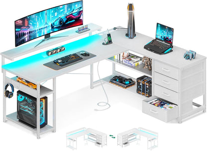 AODK 61" L Shaped Desk with Drawer, Computer Desk with Power Outlets & LED Lights, Reversible Corner Gaming Desks for Home Office Workstation, Office Table with Monitor Shelf, Vintage