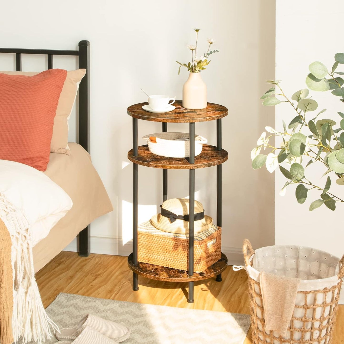 HOOBRO Tall Sofa Side Table, Small Round Coffee Table with Storage, Industrial Telephone Table for Small Space, Bedside Table, for Living Room, Bedroom, Summerhouse, Rustic Brown and Black EBF30DH01