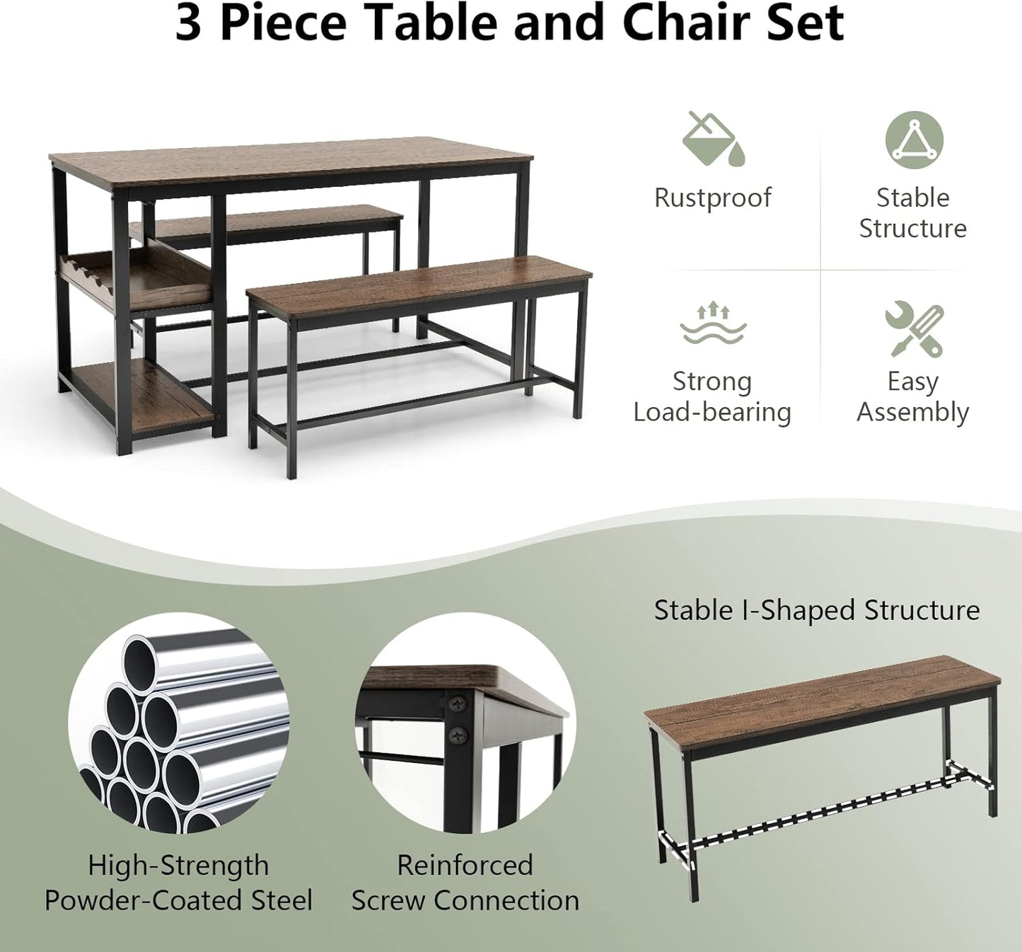 TANGZON Dining Table and 2 Bench Set, 3 Pieces Kitchen Dining Table Set with Wine Rack, Glass Holder & Storage Shelf, Space-Saving Breakfast Dining Furniture for Home Living Room Restaurant (Wooden)