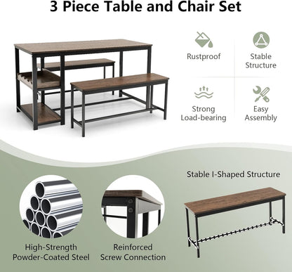 TANGZON Dining Table and 2 Bench Set, 3 Pieces Kitchen Dining Table Set with Wine Rack, Glass Holder & Storage Shelf, Space-Saving Breakfast Dining Furniture for Home Living Room Restaurant (Wooden)