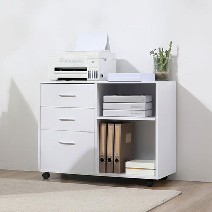 HOMCOM Freestanding Printer Stand Unit Office Desk Side Mobile Storage w/Wheels 3 Drawers, 2 Open Shelves Modern Style 80L x 40W x 65H cm - White