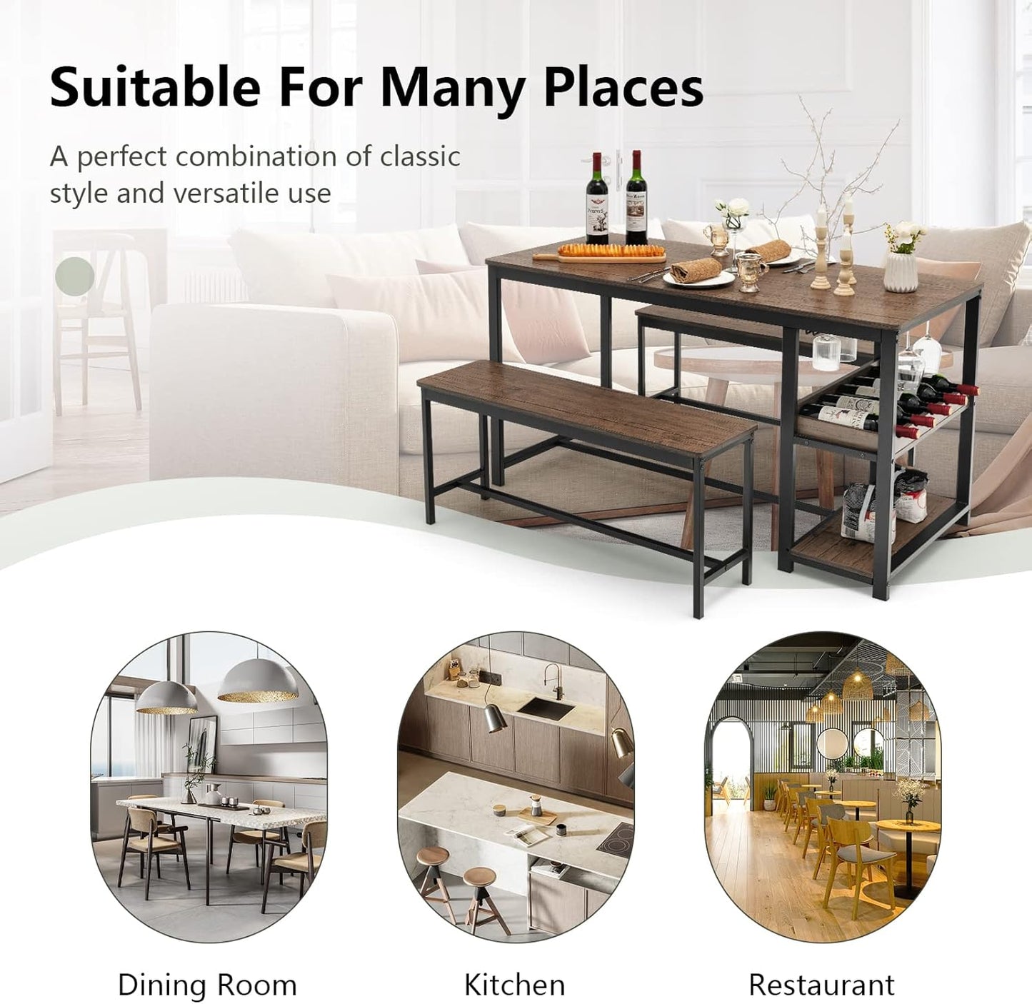 TANGZON Dining Table and 2 Bench Set, 3 Pieces Kitchen Dining Table Set with Wine Rack, Glass Holder & Storage Shelf, Space-Saving Breakfast Dining Furniture for Home Living Room Restaurant (Wooden)