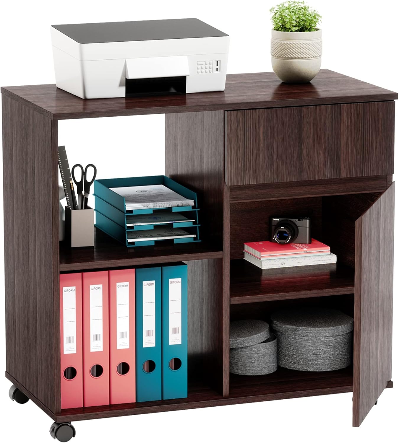 Bestier Bookcase, Wood, Brown, 15.7" D x 31.5" W x 28.9" H
