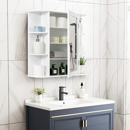 LIFEZEAL Bathroom Wall Cabinet with Mirror, MDF Hanging Storage Unit, Height Adjustable Shelves, Toilet Storage Cupboard 66 x 16.5 x 62 cm (White)