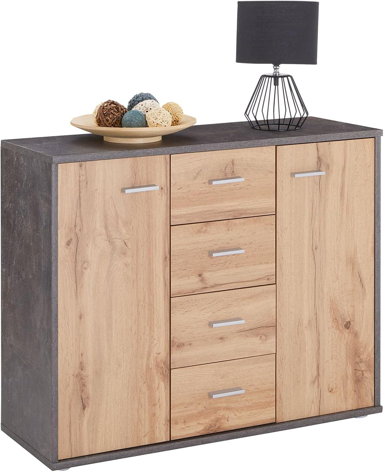 CARO-Möbel Jamie Sideboard with 2 Doors and 4 Drawers, Modern Chest of Drawers Office Furniture in Concrete Dark / Wotan Oak